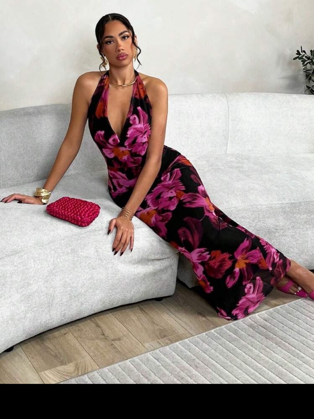 Halter Floral Maxi Dress in Black and Fuchsia